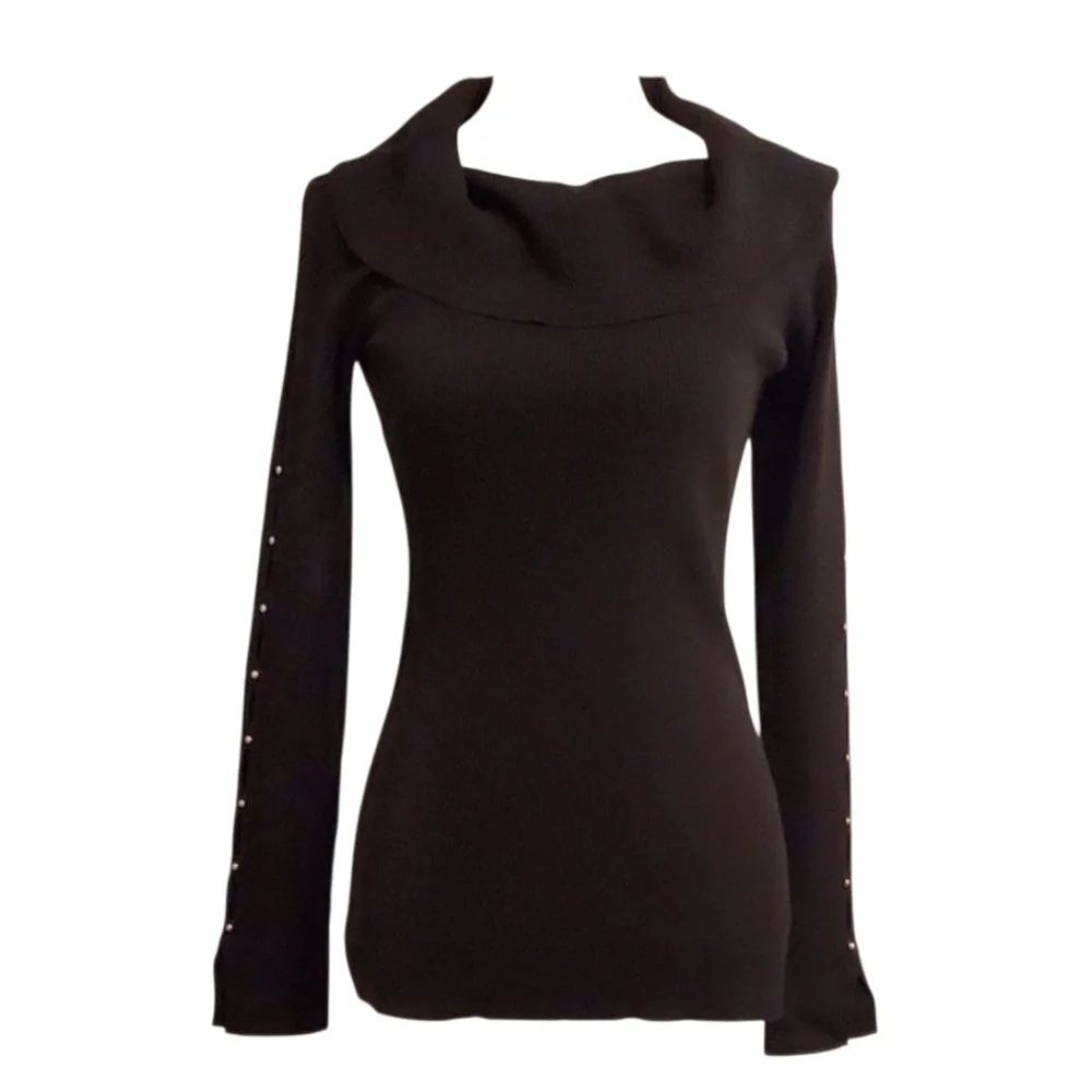 White House Black Market Black Cowl Neck Sweater Button Sleeve Details Size M